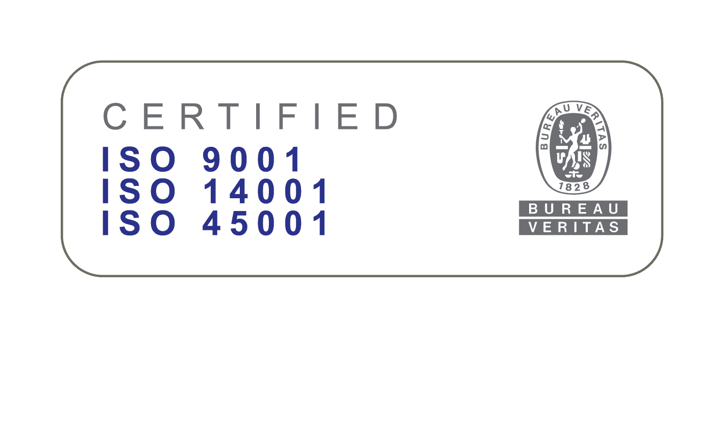 Certification badge for ISO 9001, ISO 14001, and ISO 45001 by Bureau Veritas.